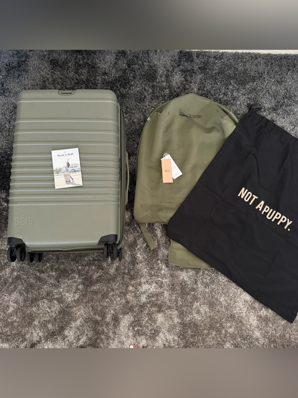 BEIS 3 piece suitcase bundle MEDIUM CHECK-IN ROLLER OLIVE GREEN + LUGGAGE COVER